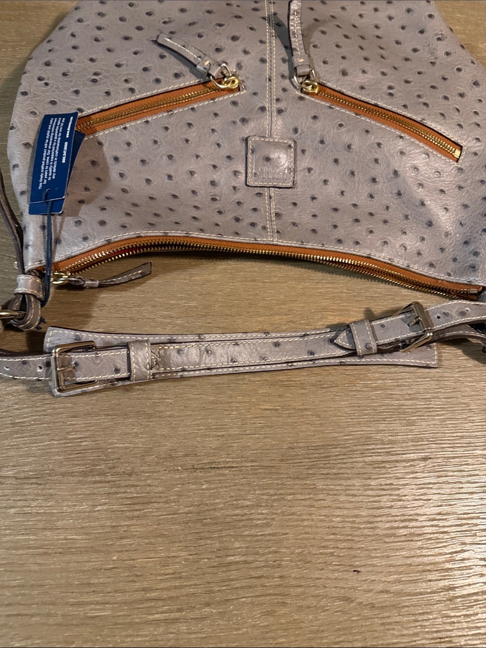 Dooney & Bourke Grey Ostrich embossed Shoulder Bag with Gold Hardware - Picture 3 of 10